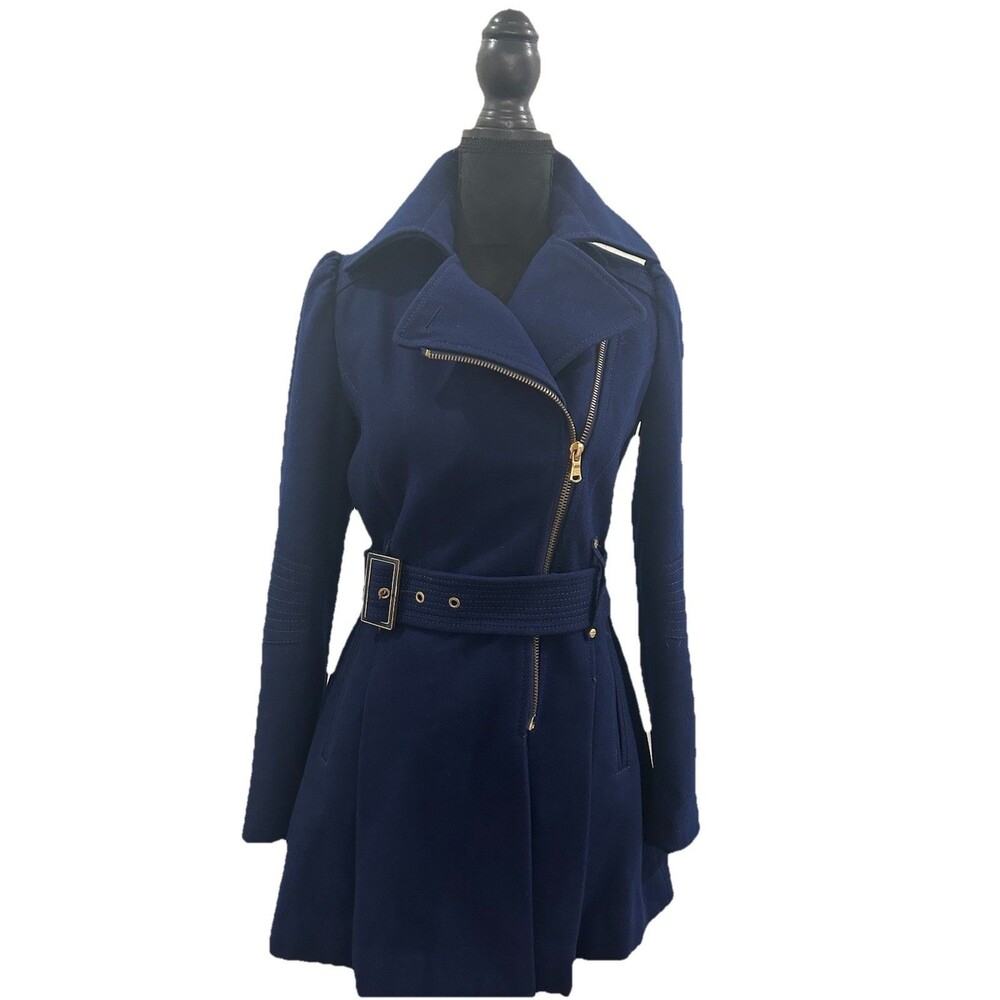 Kenneth Cole Womens Size 2 Coat Blue Wool Blend Full Zip Belted